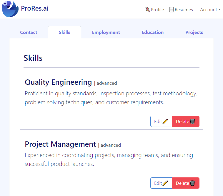Profile builder skills section showing a skills inventory